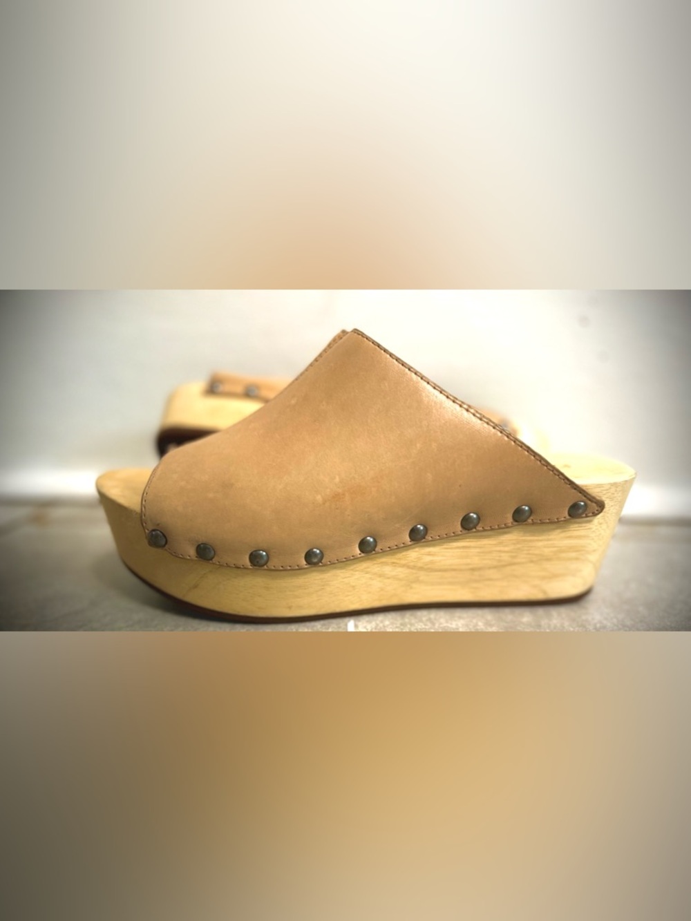 Anthropologie Tan Leather Clog Wedge Sandals